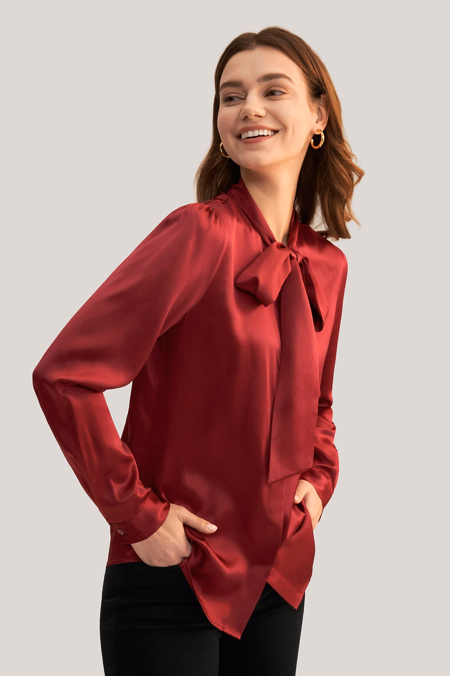 Frauen Fliegenkragen Seidenbluse