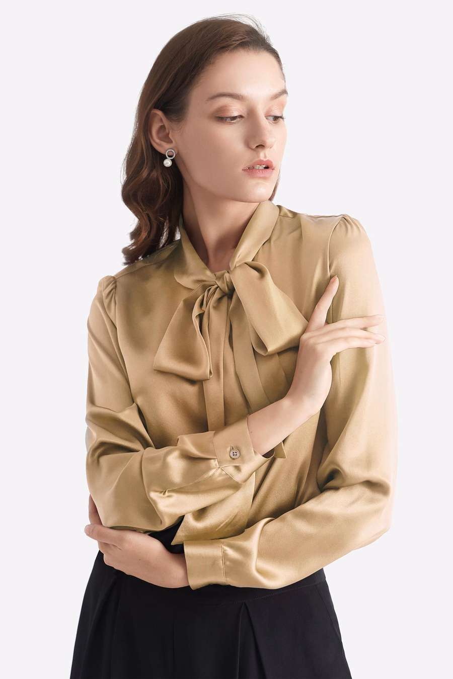 Frauen Fliegenkragen Seidenbluse