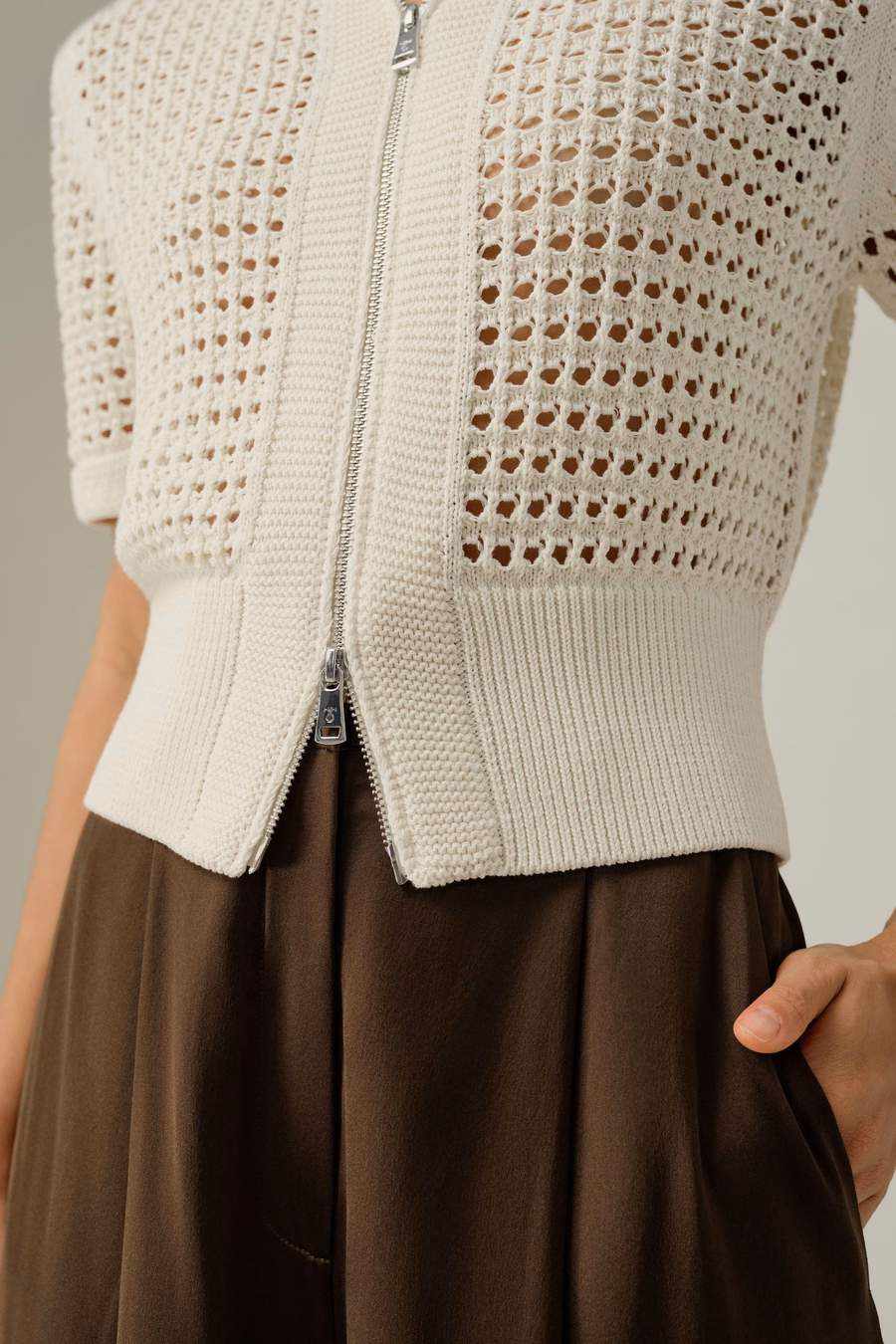 Toscana Pointelle Strick Doppel-Reißverschluss Cardigan