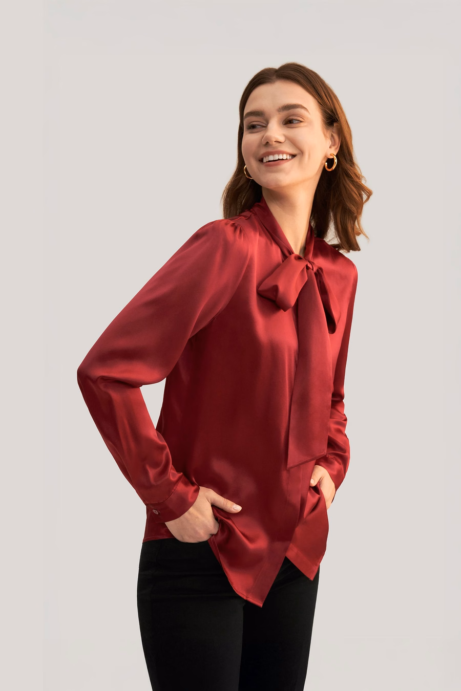 Frauen Fliegenkragen Seidenbluse
