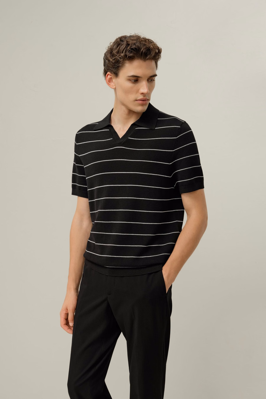 Silk-Cotton Striped V-Neck Polo